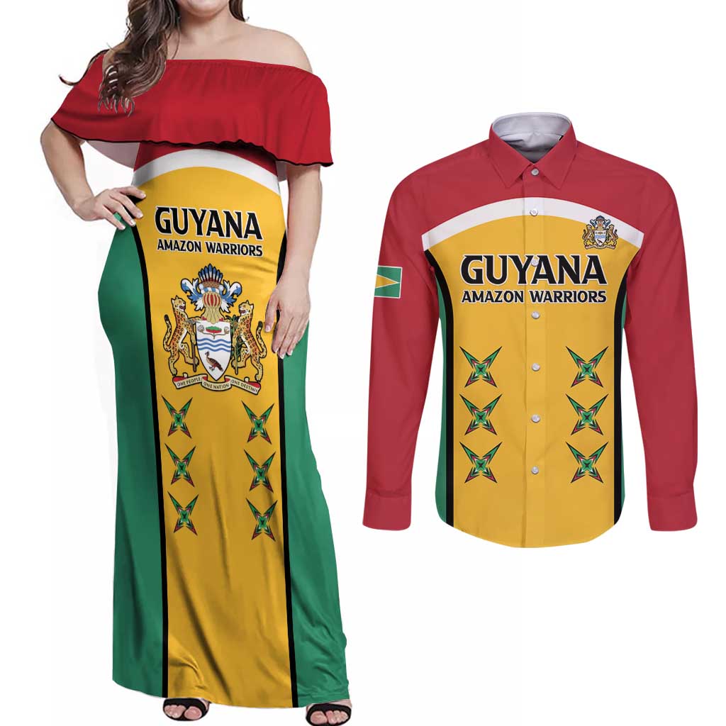 Custom Guyana Cricket Couples Matching Off Shoulder Maxi Dress and Long Sleeve Button Shirt Come On Amazon Warriors