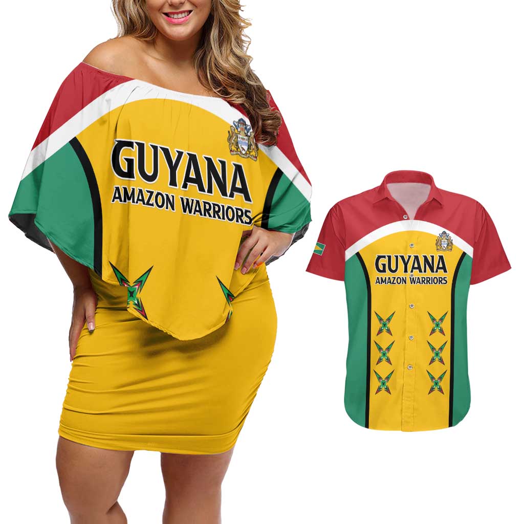 Custom Guyana Cricket Couples Matching Off Shoulder Short Dress and Hawaiian Shirt Come On Amazon Warriors