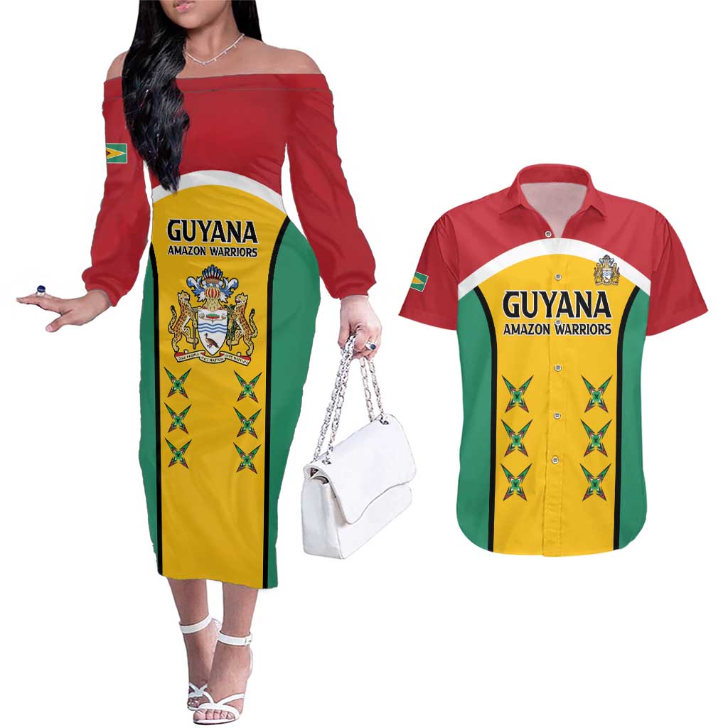Custom Guyana Cricket Couples Matching Off The Shoulder Long Sleeve Dress and Hawaiian Shirt Come On Amazon Warriors