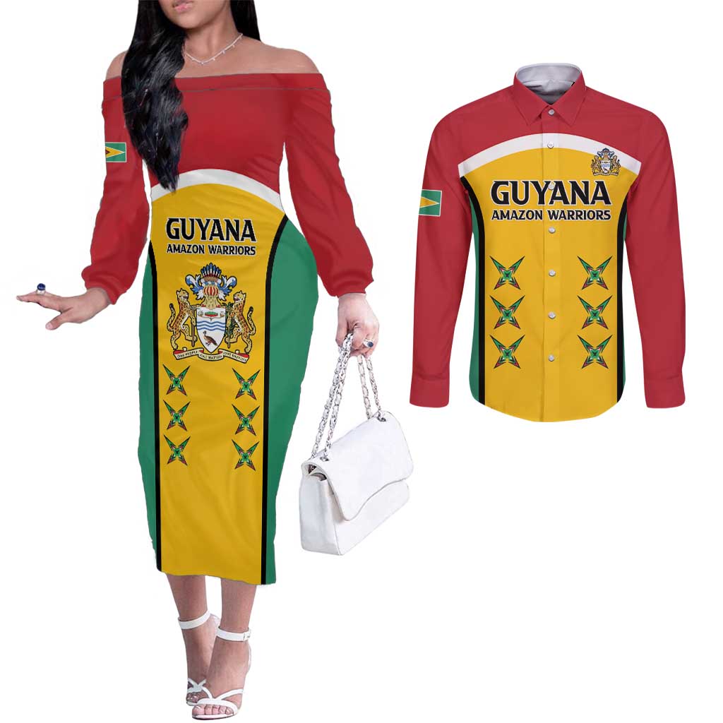Custom Guyana Cricket Couples Matching Off The Shoulder Long Sleeve Dress and Long Sleeve Button Shirt Come On Amazon Warriors