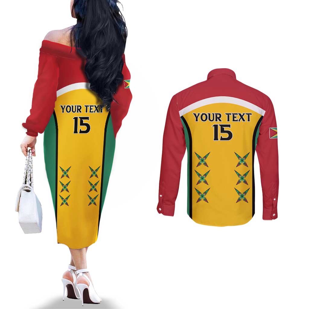 Custom Guyana Cricket Couples Matching Off The Shoulder Long Sleeve Dress and Long Sleeve Button Shirt Come On Amazon Warriors