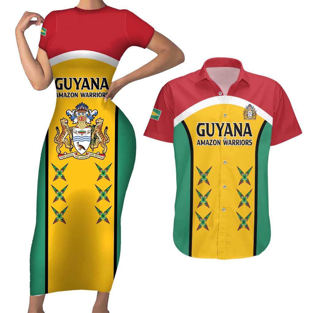 Custom Guyana Cricket Couples Matching Short Sleeve Bodycon Dress and Hawaiian Shirt Come On Amazon Warriors