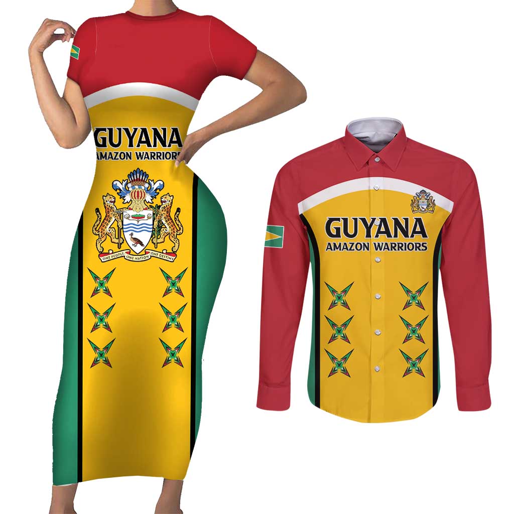 Custom Guyana Cricket Couples Matching Short Sleeve Bodycon Dress and Long Sleeve Button Shirt Come On Amazon Warriors