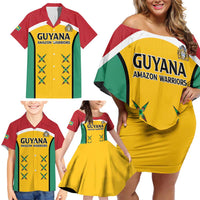 Custom Guyana Cricket Family Matching Off Shoulder Short Dress and Hawaiian Shirt Come On Amazon Warriors