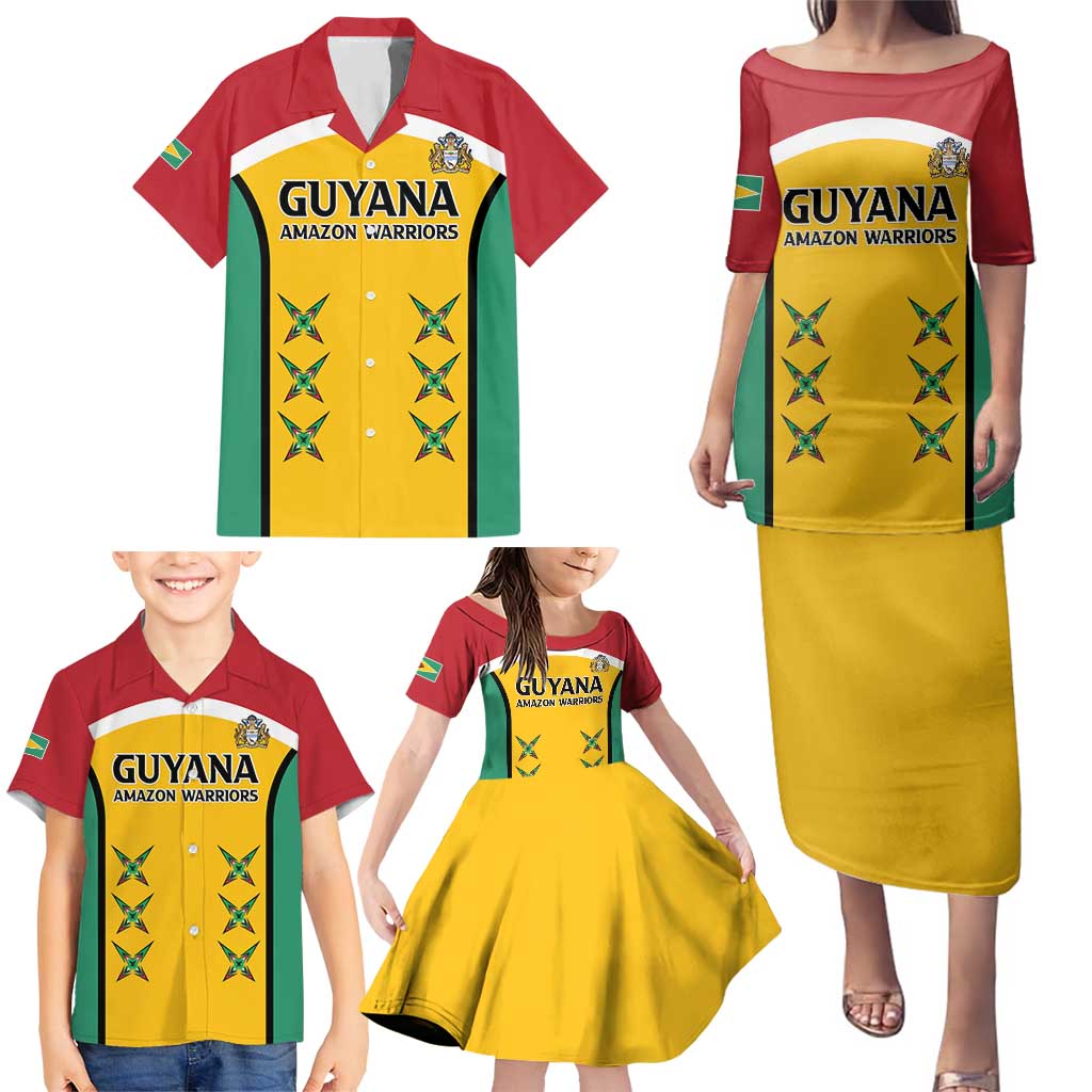 Custom Guyana Cricket Family Matching Puletasi and Hawaiian Shirt Come On Amazon Warriors