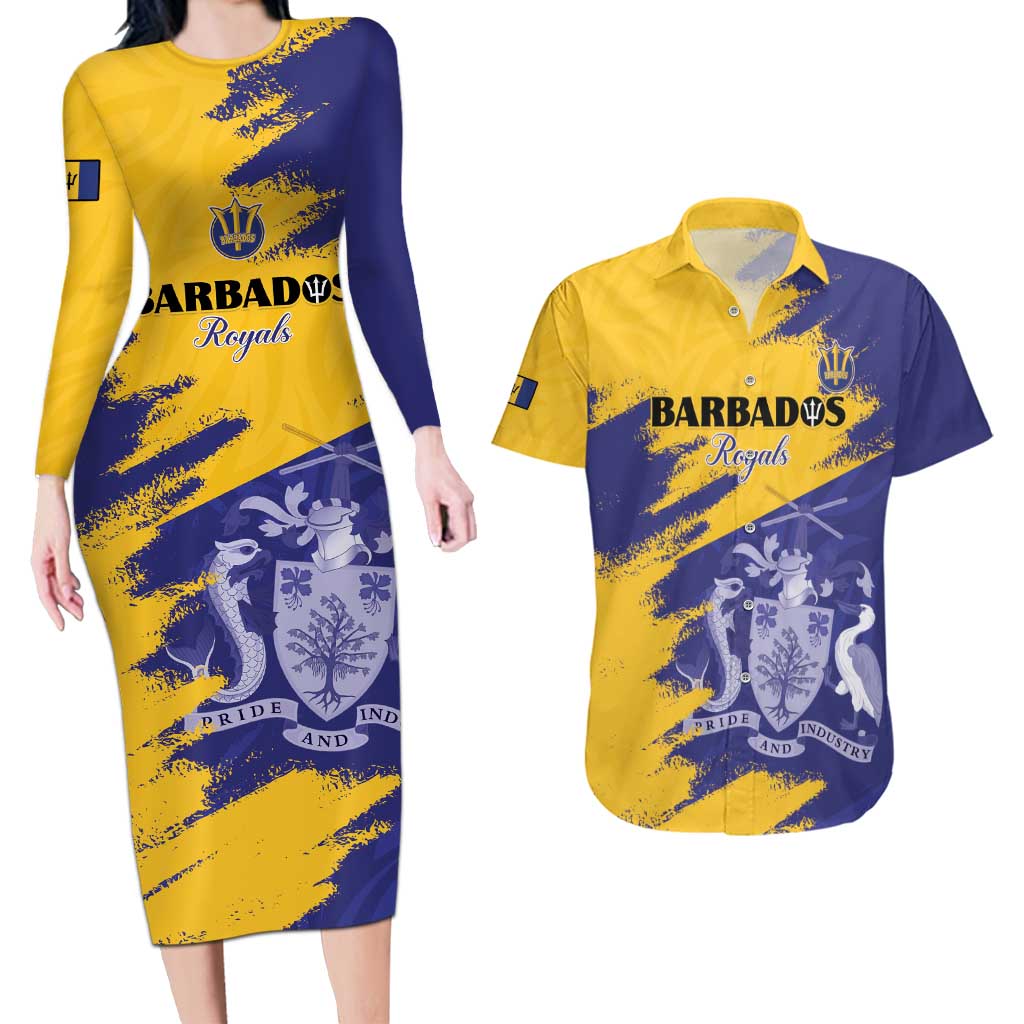 Custom Barbados Royals Cricket Couples Matching Long Sleeve Bodycon Dress and Hawaiian Shirt Coat Of Arms Flag Style