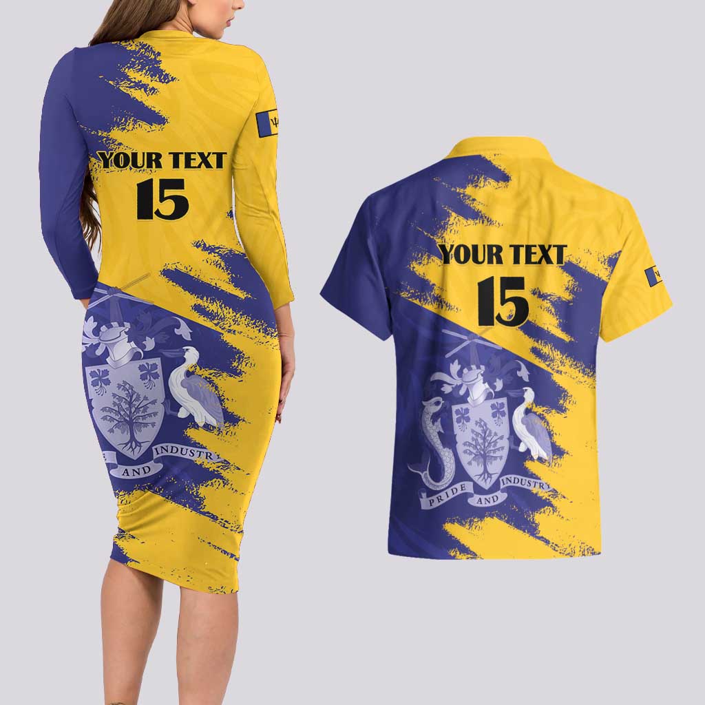 Custom Barbados Royals Cricket Couples Matching Long Sleeve Bodycon Dress and Hawaiian Shirt Coat Of Arms Flag Style