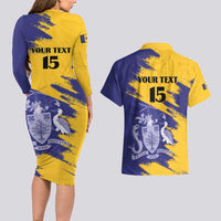 Custom Barbados Royals Cricket Couples Matching Long Sleeve Bodycon Dress and Hawaiian Shirt Coat Of Arms Flag Style