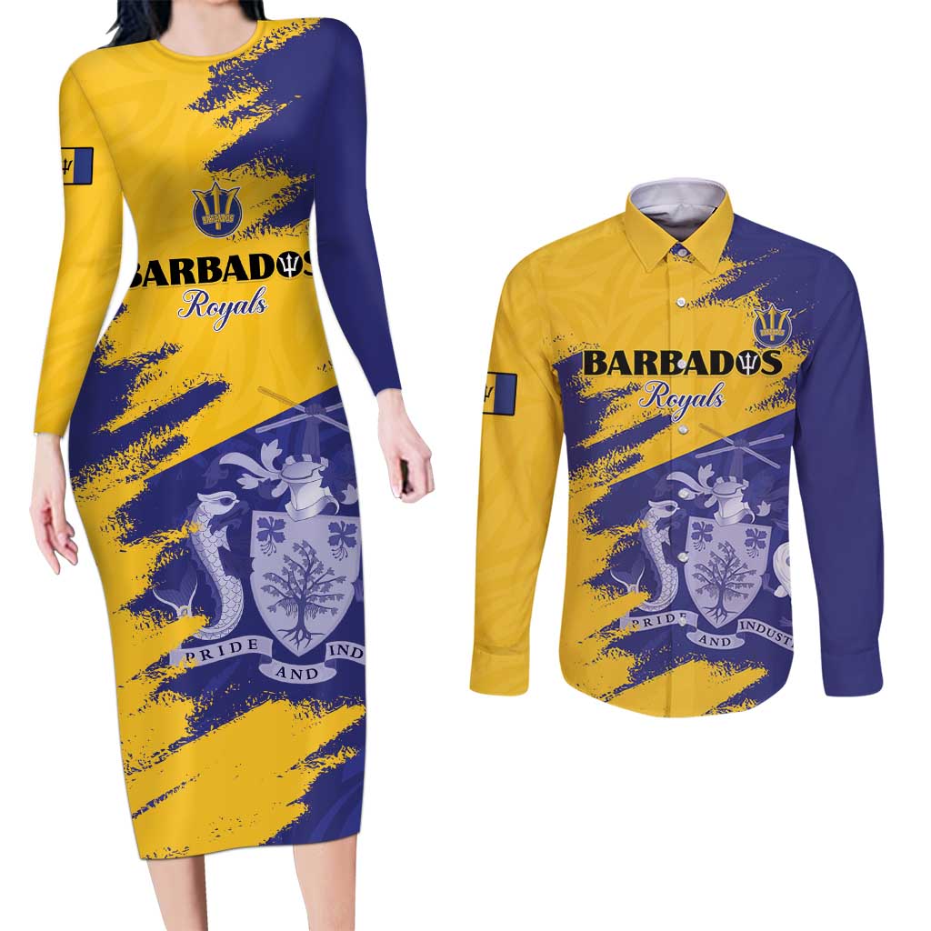 Custom Barbados Royals Cricket Couples Matching Long Sleeve Bodycon Dress and Long Sleeve Button Shirt Coat Of Arms Flag Style