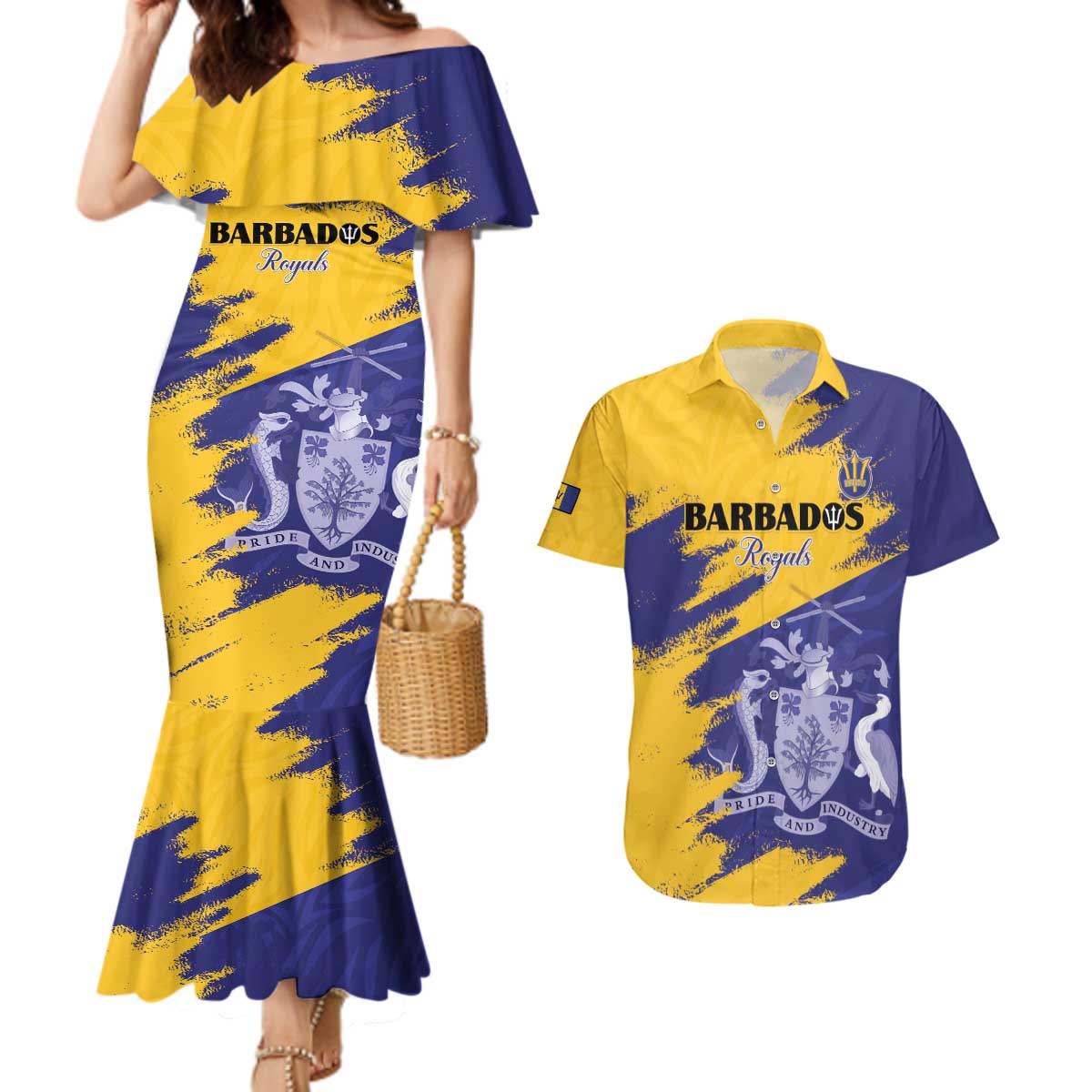 Custom Barbados Royals Cricket Couples Matching Mermaid Dress and Hawaiian Shirt Coat Of Arms Flag Style