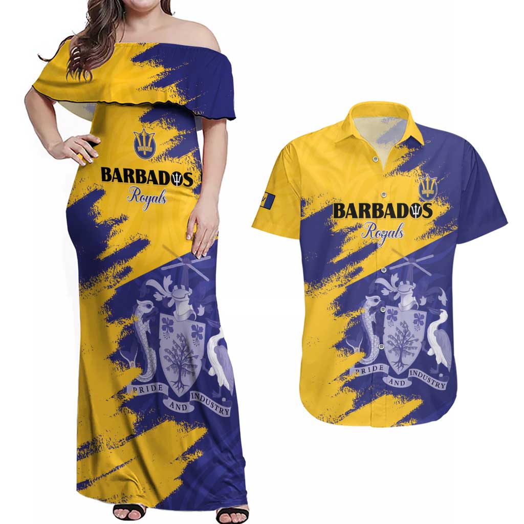 Custom Barbados Royals Cricket Couples Matching Off Shoulder Maxi Dress and Hawaiian Shirt Coat Of Arms Flag Style