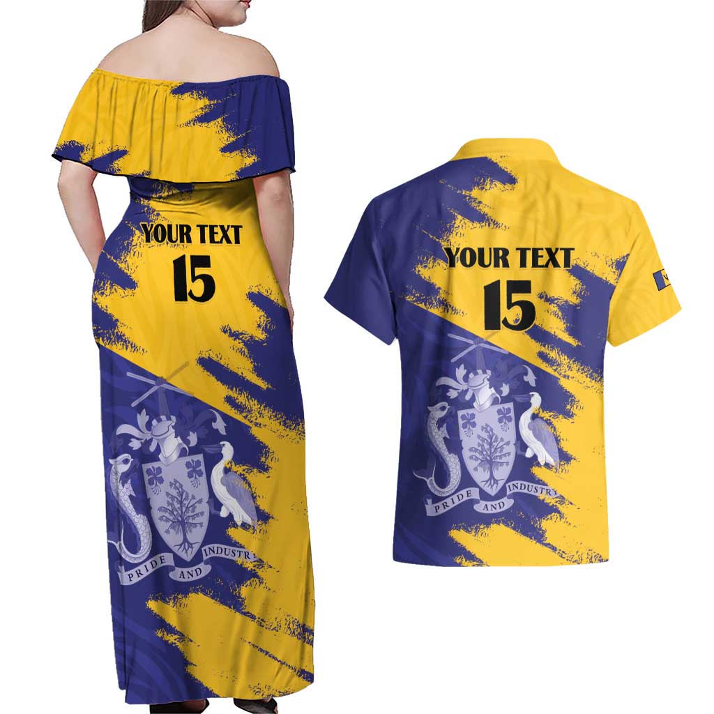 Custom Barbados Royals Cricket Couples Matching Off Shoulder Maxi Dress and Hawaiian Shirt Coat Of Arms Flag Style