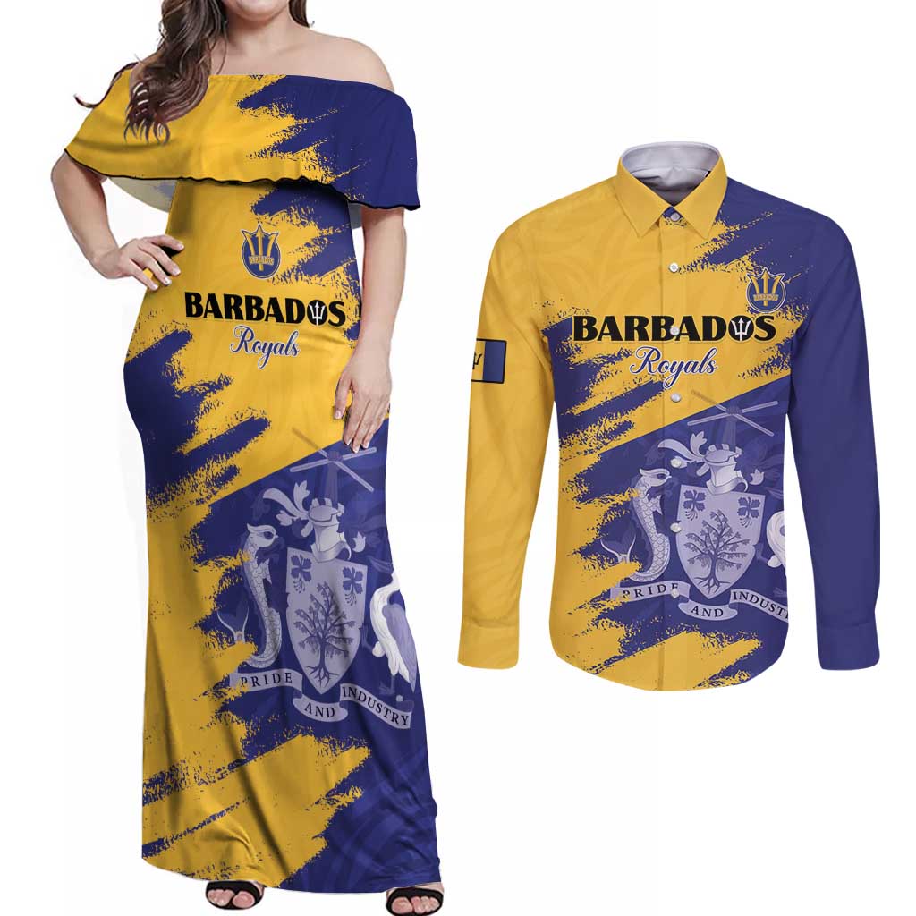 Custom Barbados Royals Cricket Couples Matching Off Shoulder Maxi Dress and Long Sleeve Button Shirt Coat Of Arms Flag Style