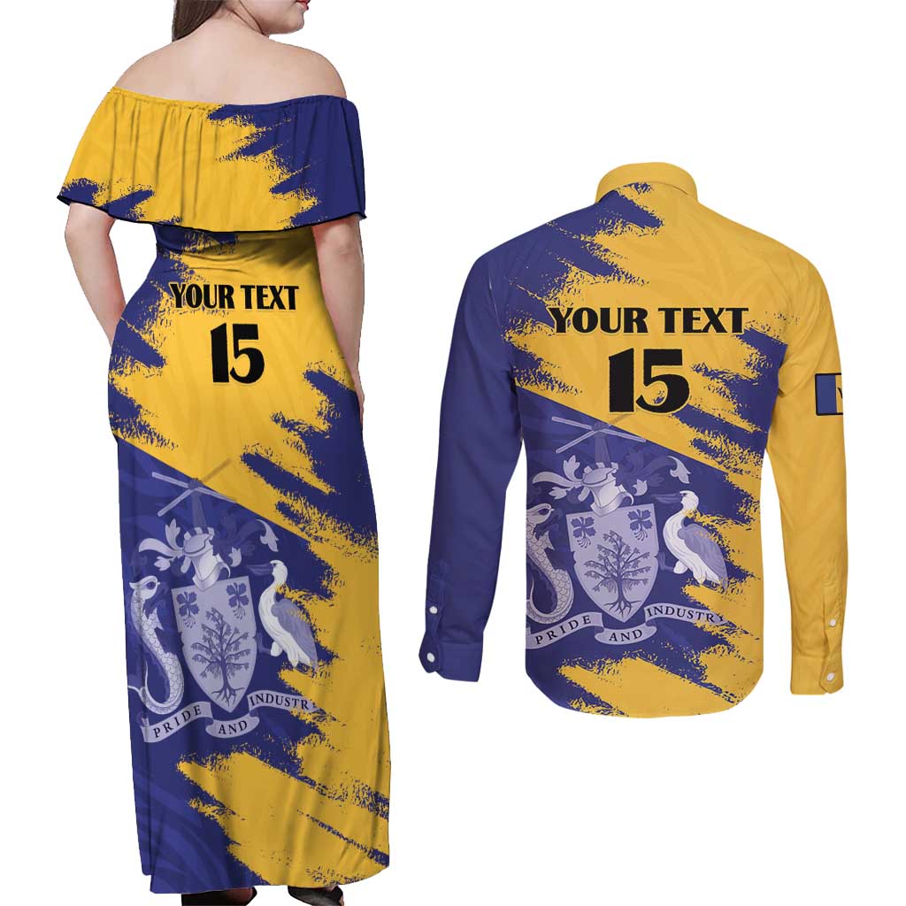 Custom Barbados Royals Cricket Couples Matching Off Shoulder Maxi Dress and Long Sleeve Button Shirt Coat Of Arms Flag Style