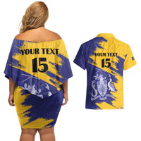 Custom Barbados Royals Cricket Couples Matching Off Shoulder Short Dress and Hawaiian Shirt Coat Of Arms Flag Style