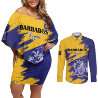 Custom Barbados Royals Cricket Couples Matching Off Shoulder Short Dress and Long Sleeve Button Shirt Coat Of Arms Flag Style