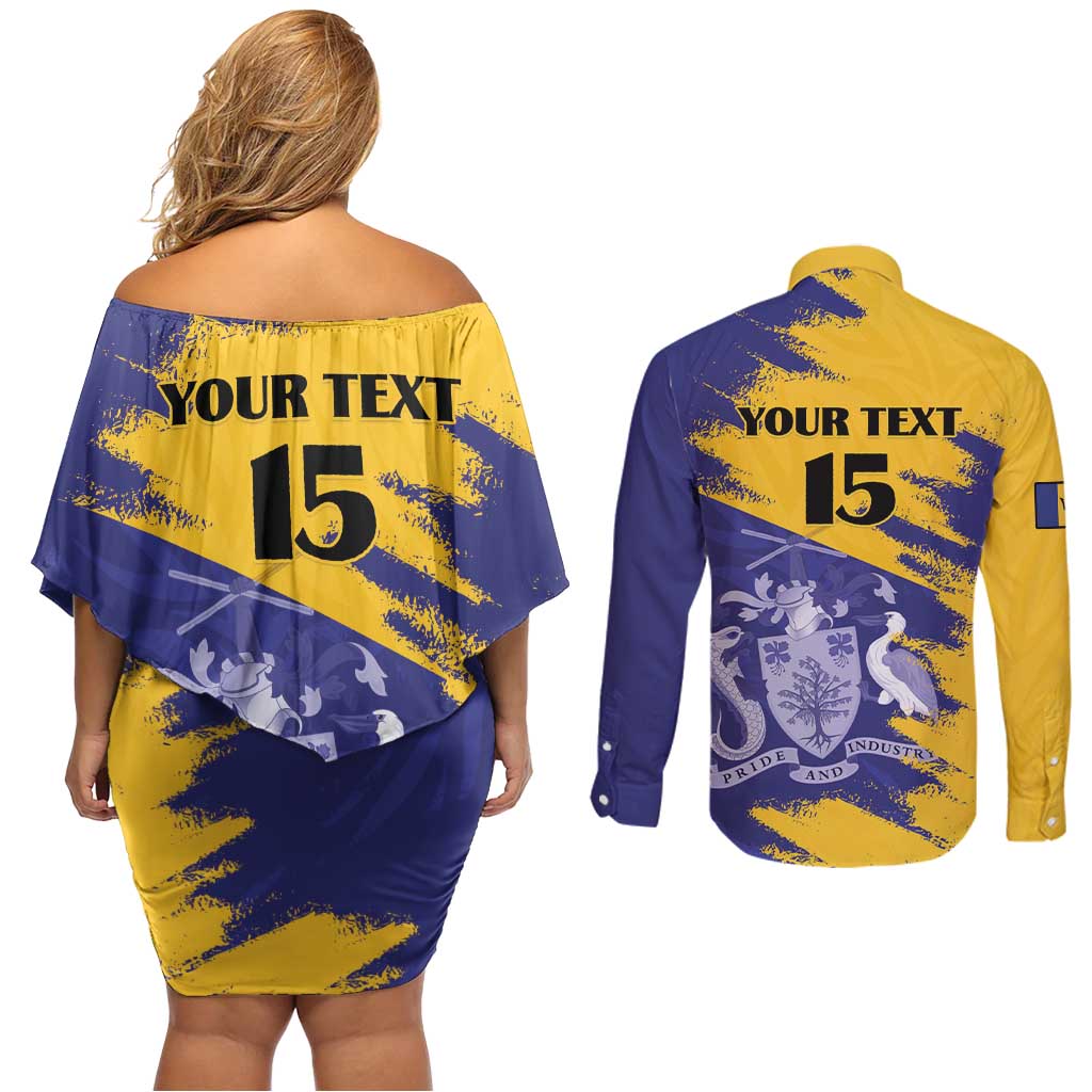 Custom Barbados Royals Cricket Couples Matching Off Shoulder Short Dress and Long Sleeve Button Shirt Coat Of Arms Flag Style