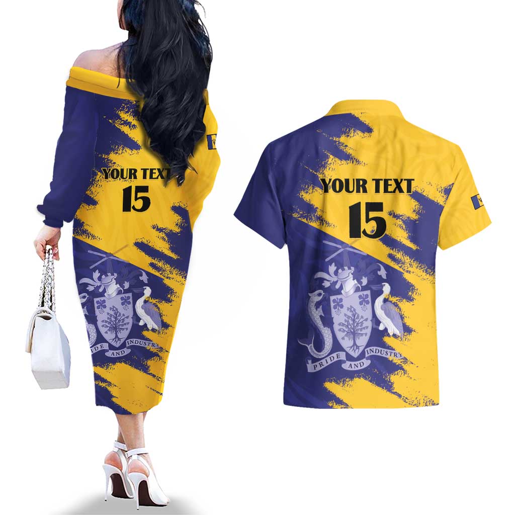 Custom Barbados Royals Cricket Couples Matching Off The Shoulder Long Sleeve Dress and Hawaiian Shirt Coat Of Arms Flag Style