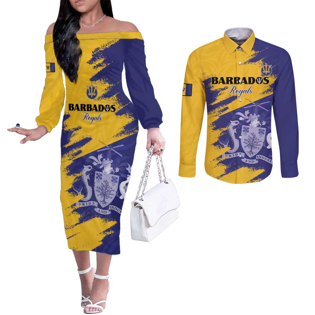 Custom Barbados Royals Cricket Couples Matching Off The Shoulder Long Sleeve Dress and Long Sleeve Button Shirt Coat Of Arms Flag Style