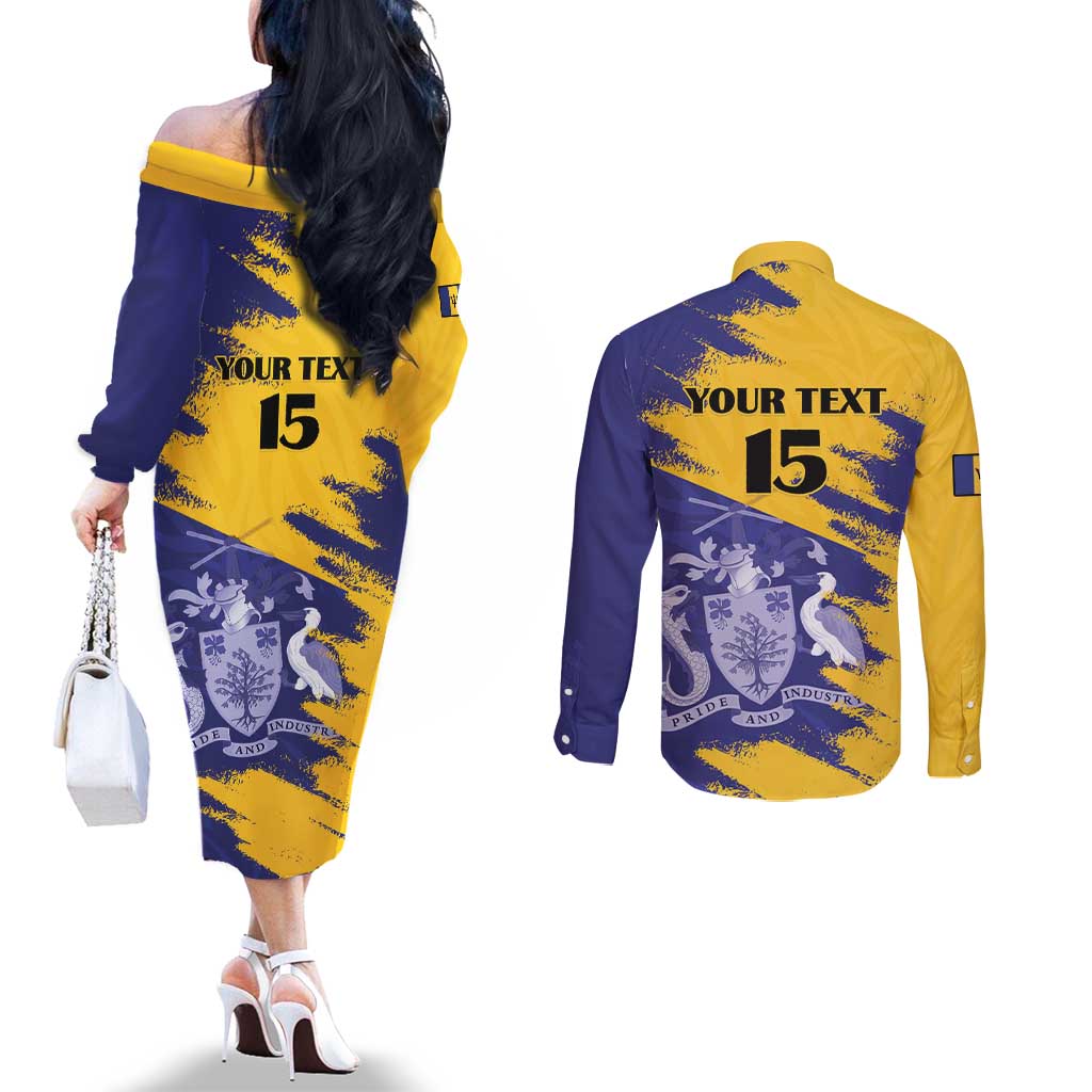 Custom Barbados Royals Cricket Couples Matching Off The Shoulder Long Sleeve Dress and Long Sleeve Button Shirt Coat Of Arms Flag Style
