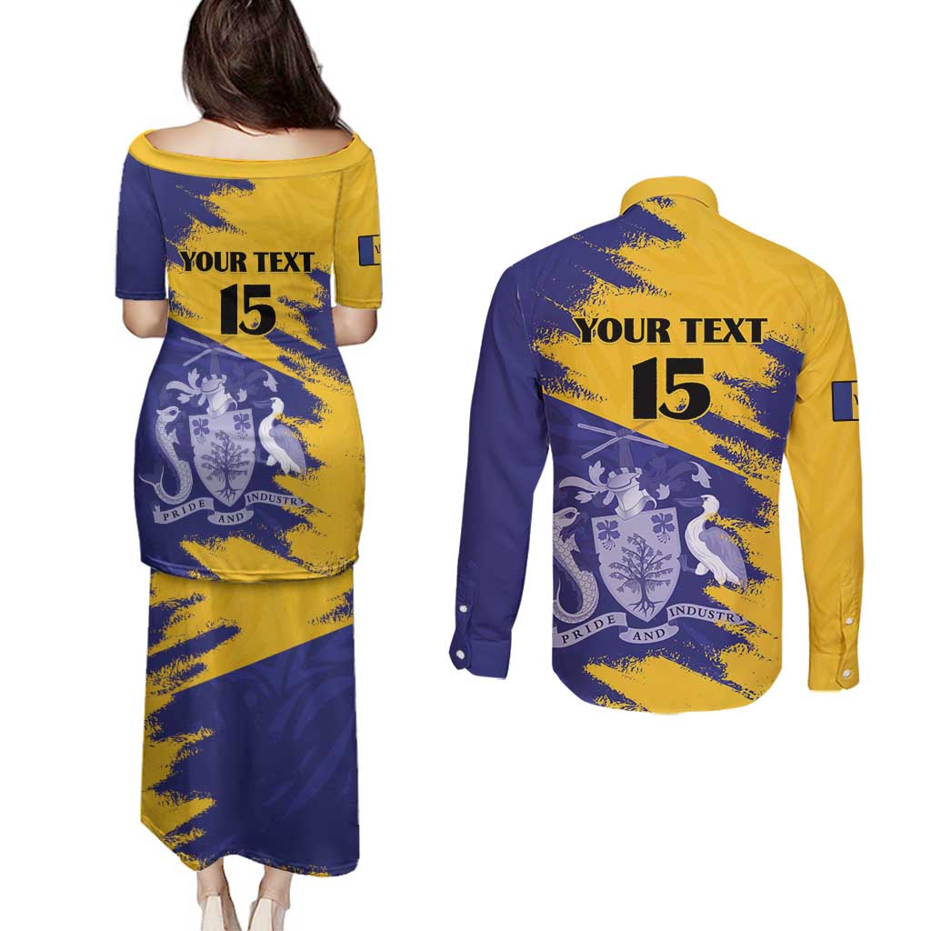 Custom Barbados Royals Cricket Couples Matching Puletasi and Long Sleeve Button Shirt Coat Of Arms Flag Style