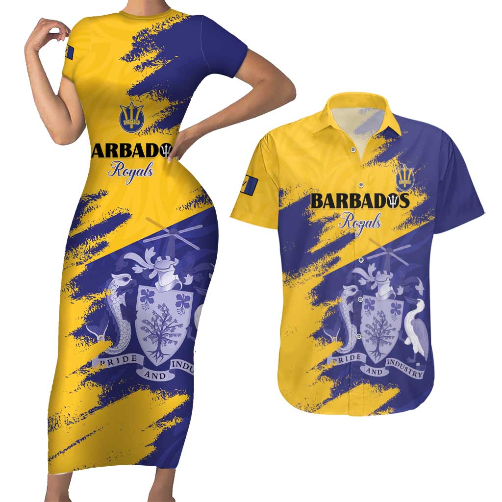 Custom Barbados Royals Cricket Couples Matching Short Sleeve Bodycon Dress and Hawaiian Shirt Coat Of Arms Flag Style