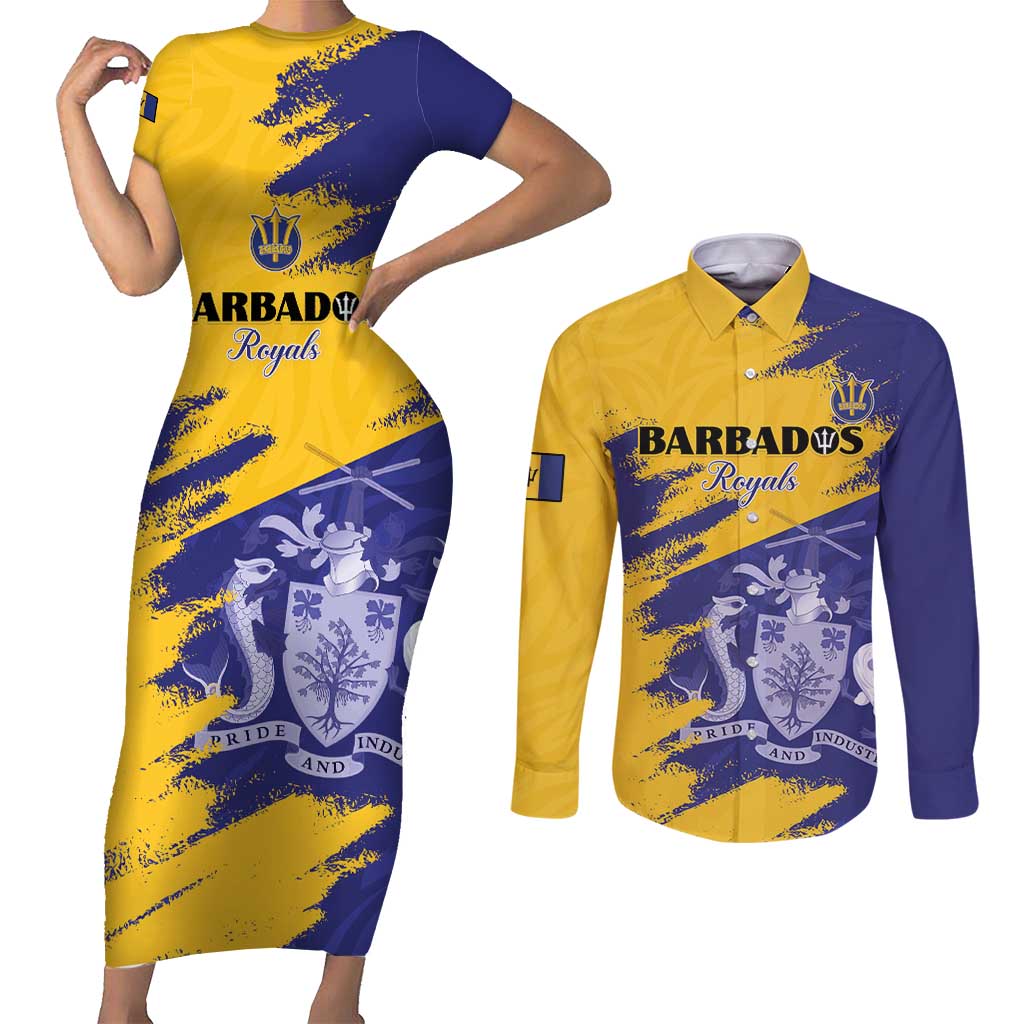 Custom Barbados Royals Cricket Couples Matching Short Sleeve Bodycon Dress and Long Sleeve Button Shirt Coat Of Arms Flag Style