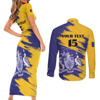 Custom Barbados Royals Cricket Couples Matching Short Sleeve Bodycon Dress and Long Sleeve Button Shirt Coat Of Arms Flag Style