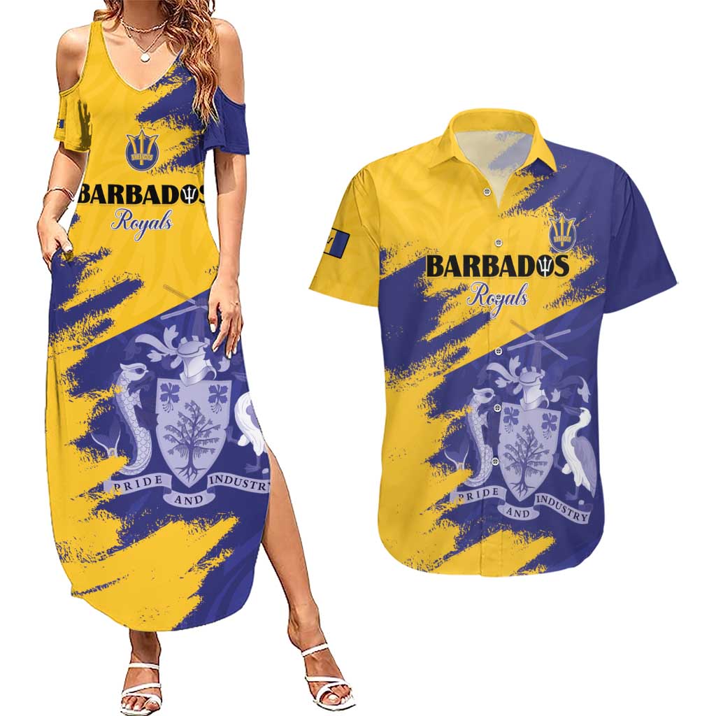Custom Barbados Royals Cricket Couples Matching Summer Maxi Dress and Hawaiian Shirt Coat Of Arms Flag Style
