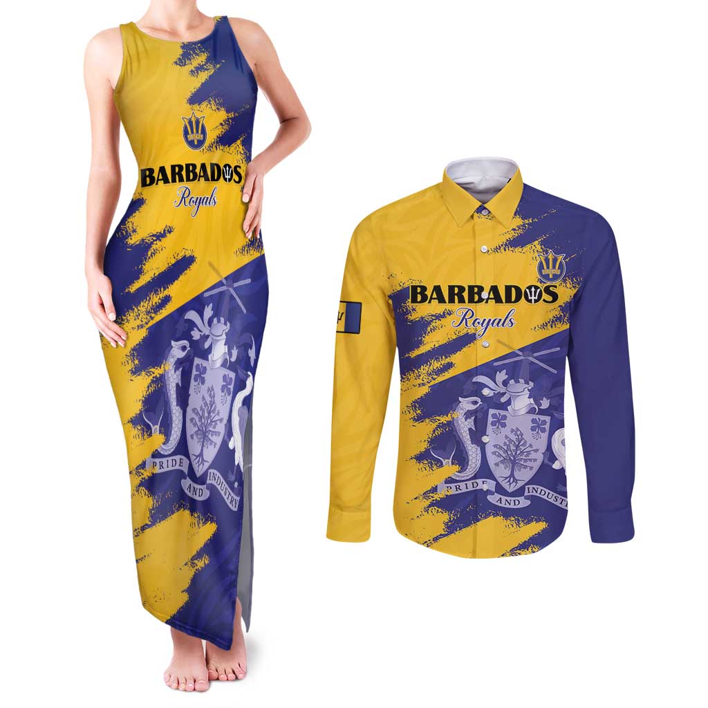 Custom Barbados Royals Cricket Couples Matching Tank Maxi Dress and Long Sleeve Button Shirt Coat Of Arms Flag Style
