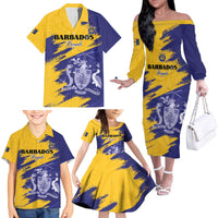 Custom Barbados Royals Cricket Family Matching Off The Shoulder Long Sleeve Dress and Hawaiian Shirt Coat Of Arms Flag Style