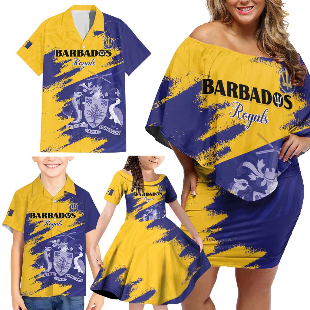 Custom Barbados Royals Cricket Family Matching Off Shoulder Short Dress and Hawaiian Shirt Coat Of Arms Flag Style
