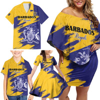Custom Barbados Royals Cricket Family Matching Off Shoulder Short Dress and Hawaiian Shirt Coat Of Arms Flag Style