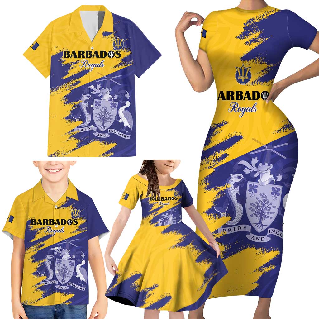 Custom Barbados Royals Cricket Family Matching Short Sleeve Bodycon Dress and Hawaiian Shirt Coat Of Arms Flag Style