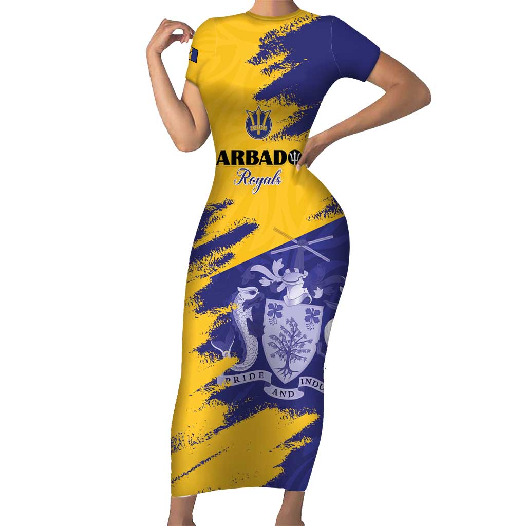Custom Barbados Royals Cricket Family Matching Short Sleeve Bodycon Dress and Hawaiian Shirt Coat Of Arms Flag Style