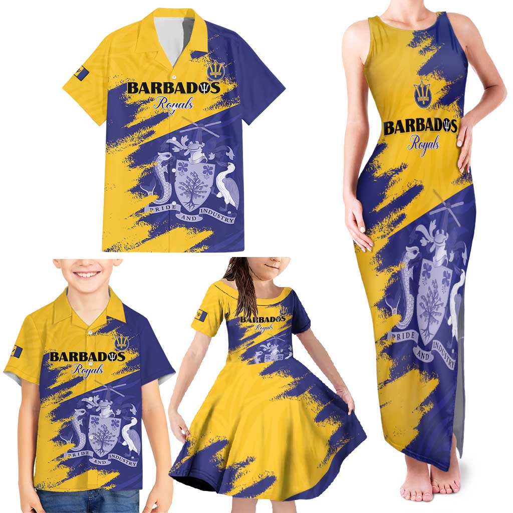 Custom Barbados Royals Cricket Family Matching Tank Maxi Dress and Hawaiian Shirt Coat Of Arms Flag Style