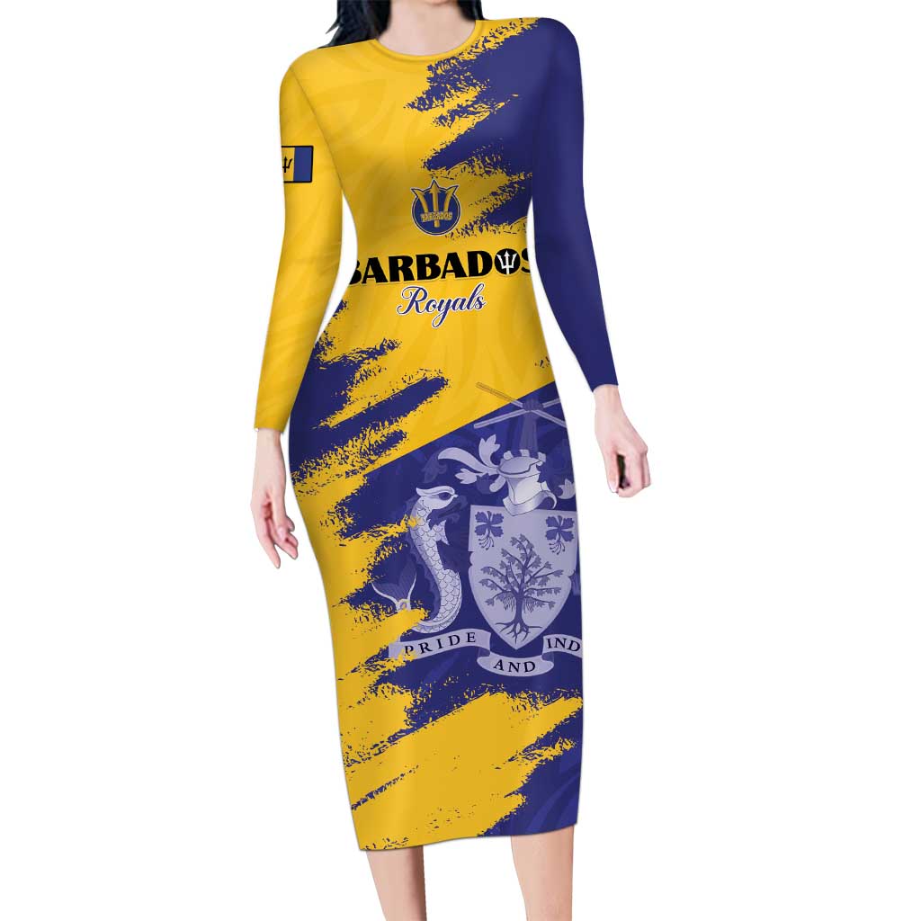 Custom Barbados Royals Cricket Long Sleeve Bodycon Dress Coat Of Arms Flag Style