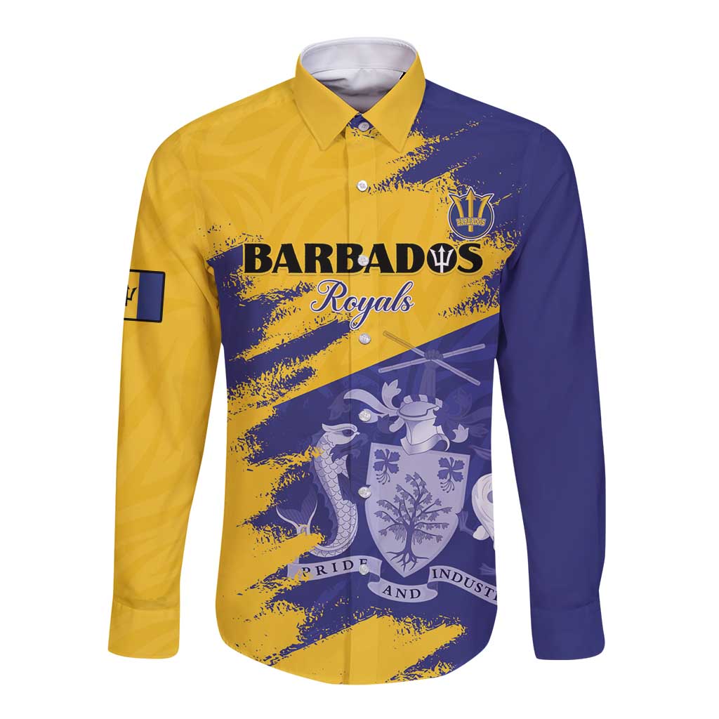Custom Barbados Royals Cricket Long Sleeve Button Shirt Coat Of Arms Flag Style