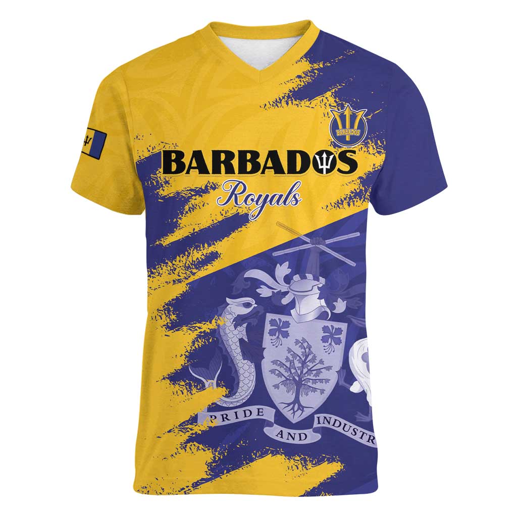 Custom Barbados Royals Cricket Women V-Neck T-Shirt Coat Of Arms Flag Style