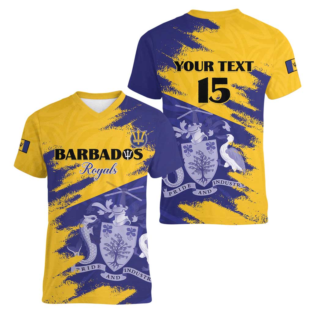 Custom Barbados Royals Cricket Women V-Neck T-Shirt Coat Of Arms Flag Style