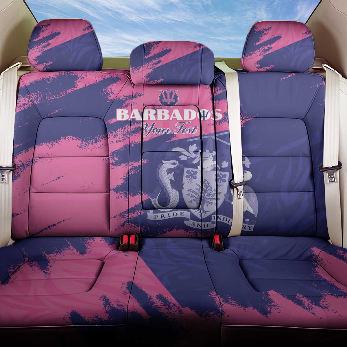 Custom Barbados Royals Cricket Back Car Seat Cover Coat Of Arms Pink - Blue Color