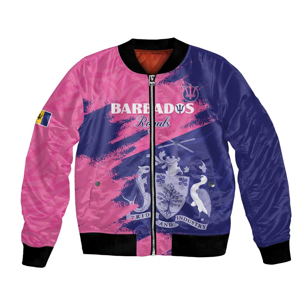 Custom Barbados Royals Cricket Bomber Jacket Coat Of Arms Pink - Blue Color