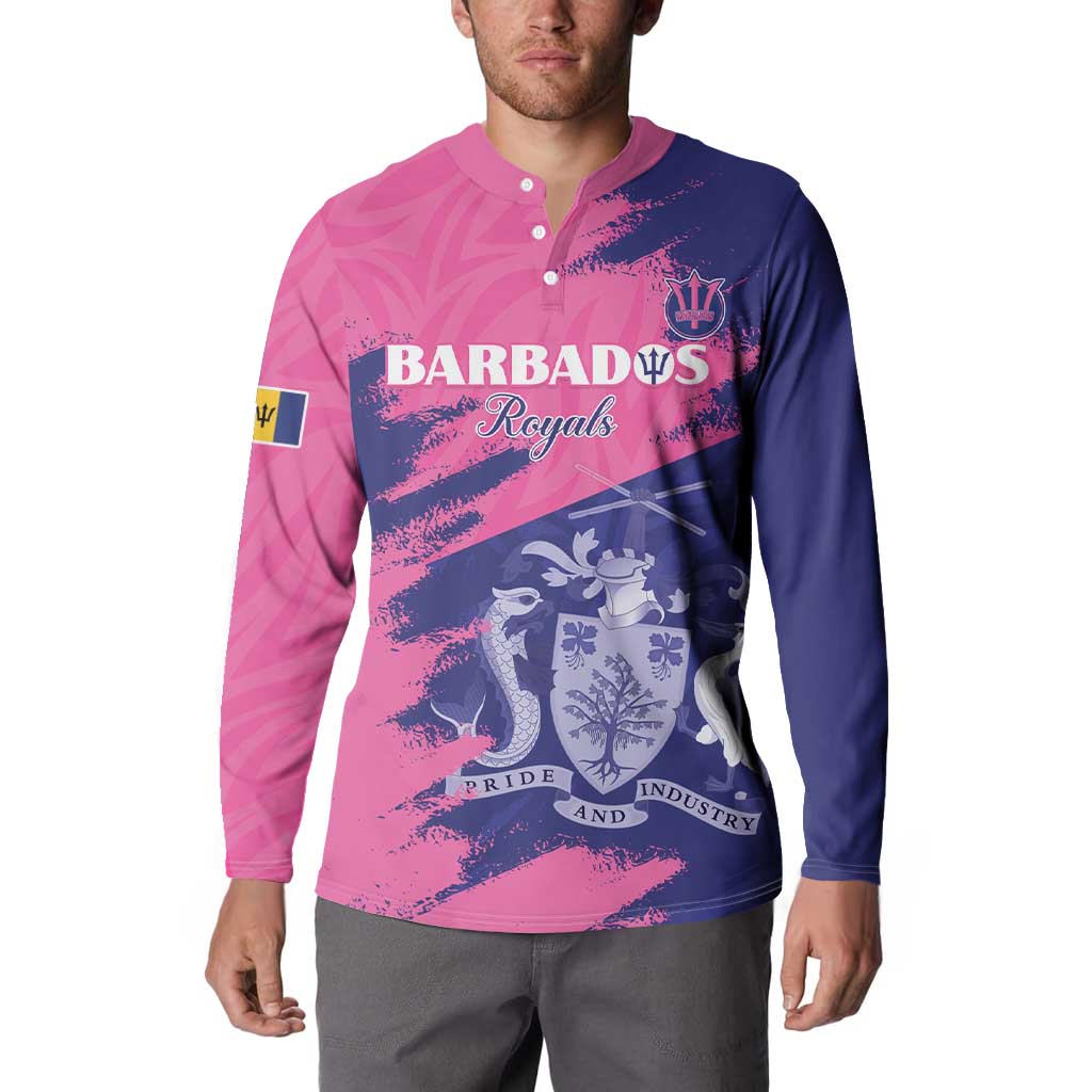 Custom Barbados Royals Cricket Button Sweatshirt Coat Of Arms Pink - Blue Color