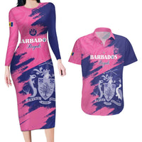 Custom Barbados Royals Cricket Couples Matching Long Sleeve Bodycon Dress and Hawaiian Shirt Coat Of Arms Pink - Blue Color