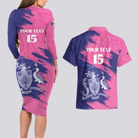 Custom Barbados Royals Cricket Couples Matching Long Sleeve Bodycon Dress and Hawaiian Shirt Coat Of Arms Pink - Blue Color