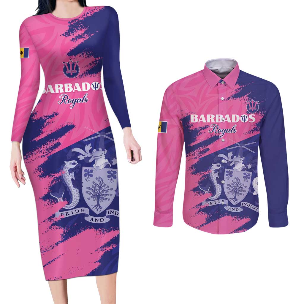 Custom Barbados Royals Cricket Couples Matching Long Sleeve Bodycon Dress and Long Sleeve Button Shirt Coat Of Arms Pink - Blue Color
