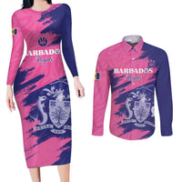 Custom Barbados Royals Cricket Couples Matching Long Sleeve Bodycon Dress and Long Sleeve Button Shirt Coat Of Arms Pink - Blue Color