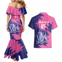 Custom Barbados Royals Cricket Couples Matching Mermaid Dress and Hawaiian Shirt Coat Of Arms Pink - Blue Color