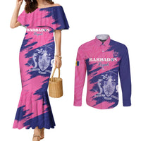 Custom Barbados Royals Cricket Couples Matching Mermaid Dress and Long Sleeve Button Shirt Coat Of Arms Pink - Blue Color