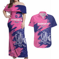 Custom Barbados Royals Cricket Couples Matching Off Shoulder Maxi Dress and Hawaiian Shirt Coat Of Arms Pink - Blue Color